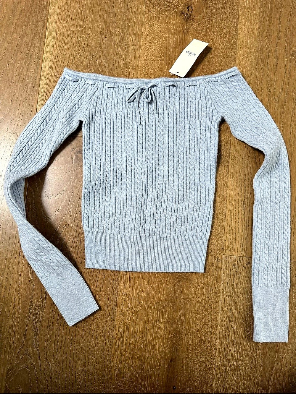 Hollister Light Blue Cable Knit Off Shoulder Bow Tie Top XS NWT